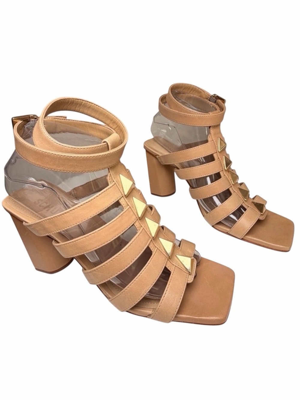 Schutz Tan Leather Gladiator‎ Block Heel Sandals Size 8